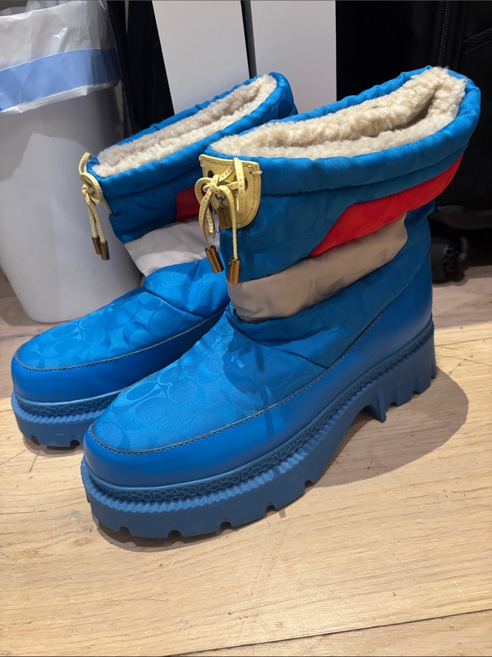 COACH Blue Quilted Puffer Platform Winter Boots with Shearling Lining
